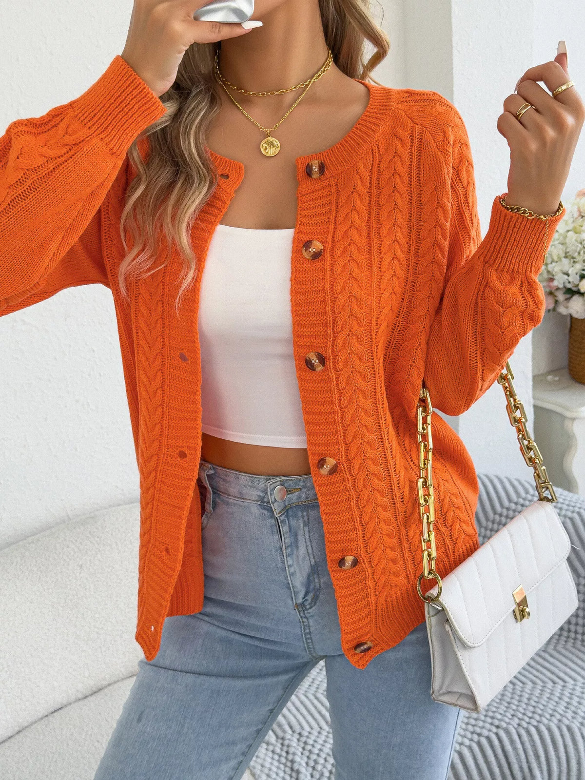 cable knit button-front cardigan – cable-knit,buttoned | dropsona - neutral - packaging