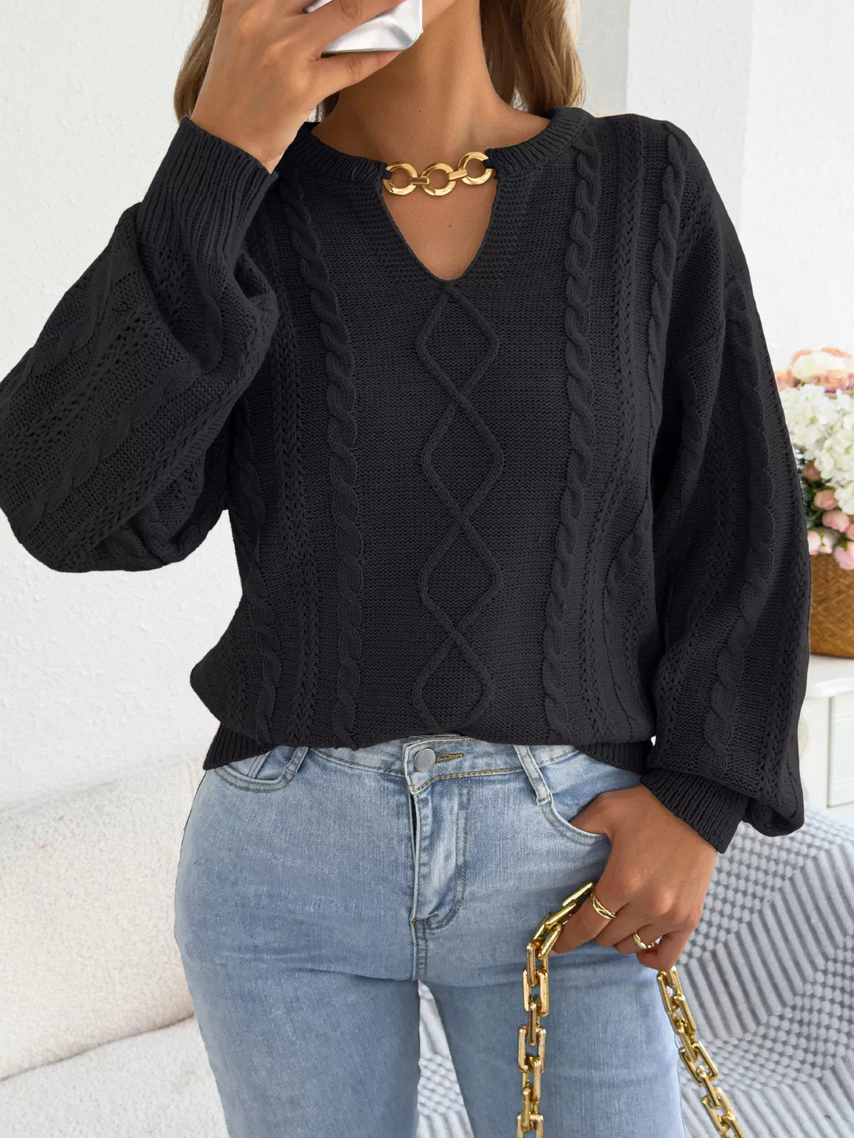 cable knit notched sweater – basic style | dropsona - neutral - usage example