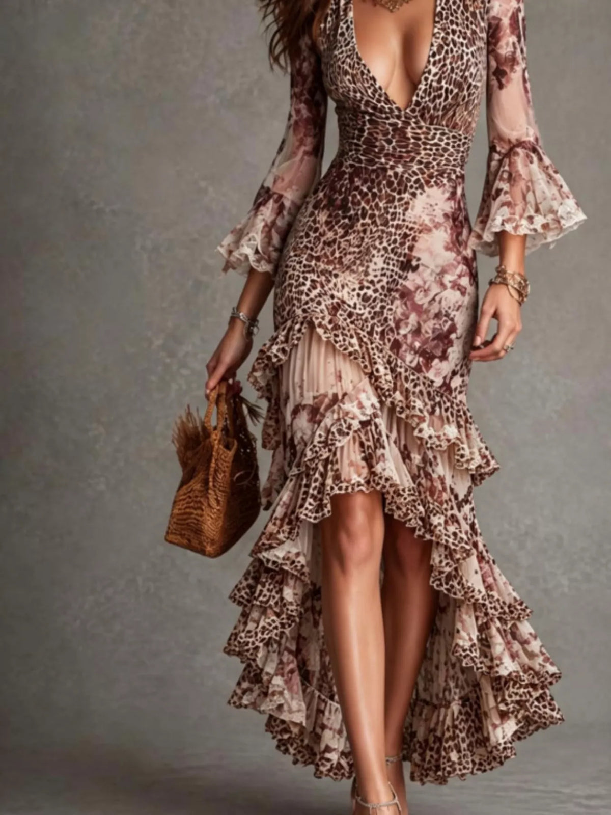 leopard print high-low ruffle hem maxi dress | dropsona - neutral - close-up detail