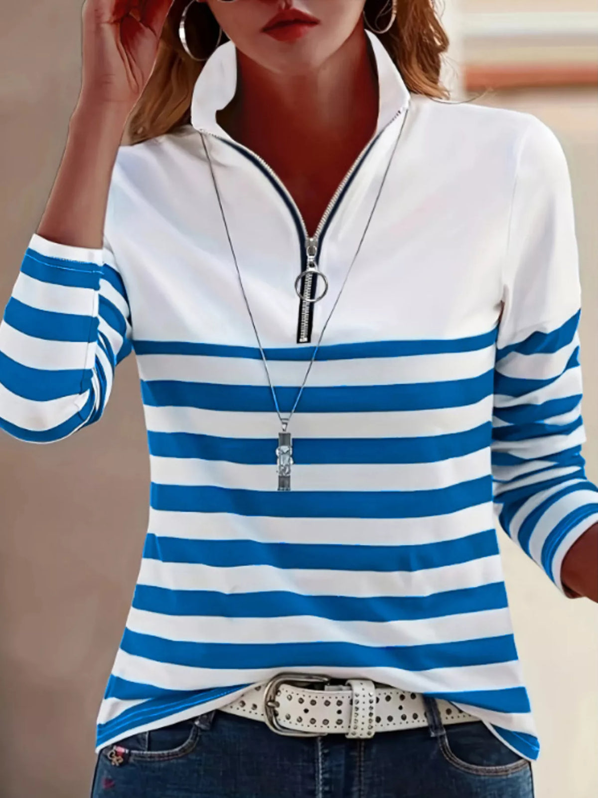 quarter-zip striped long sleeve t-shirt | dropsona - neutral - material texture