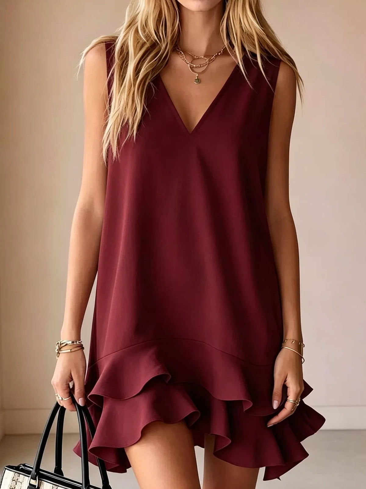 sleeveless v-neck ruffle hem mini dress | dropsona - neutral - usage example