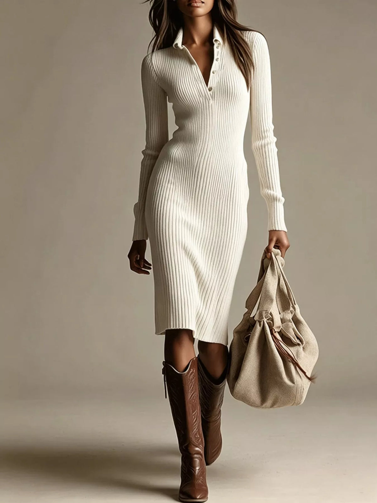 ribbed knit polo sweater dress – ribbed,buttoned fit | dropsona - neutral - everyday use