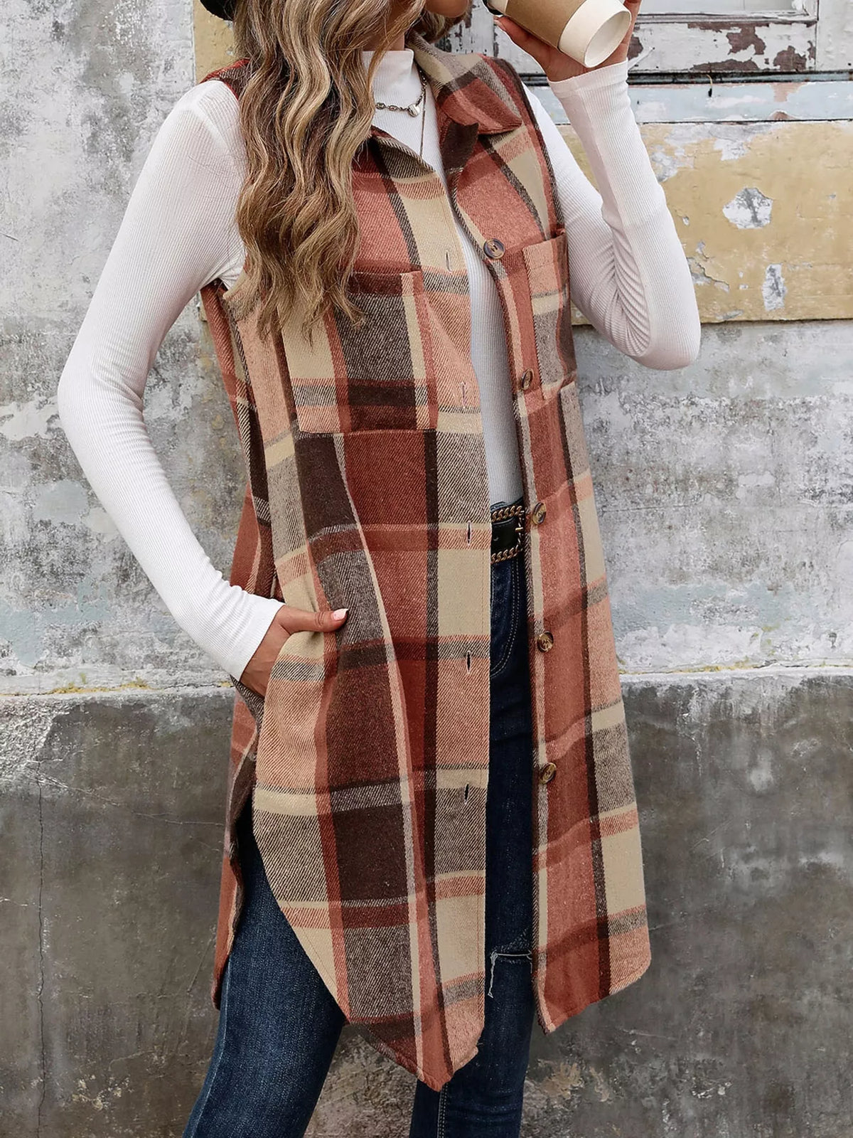 longline plaid button-down vest coat | dropsona - neutral - usage example