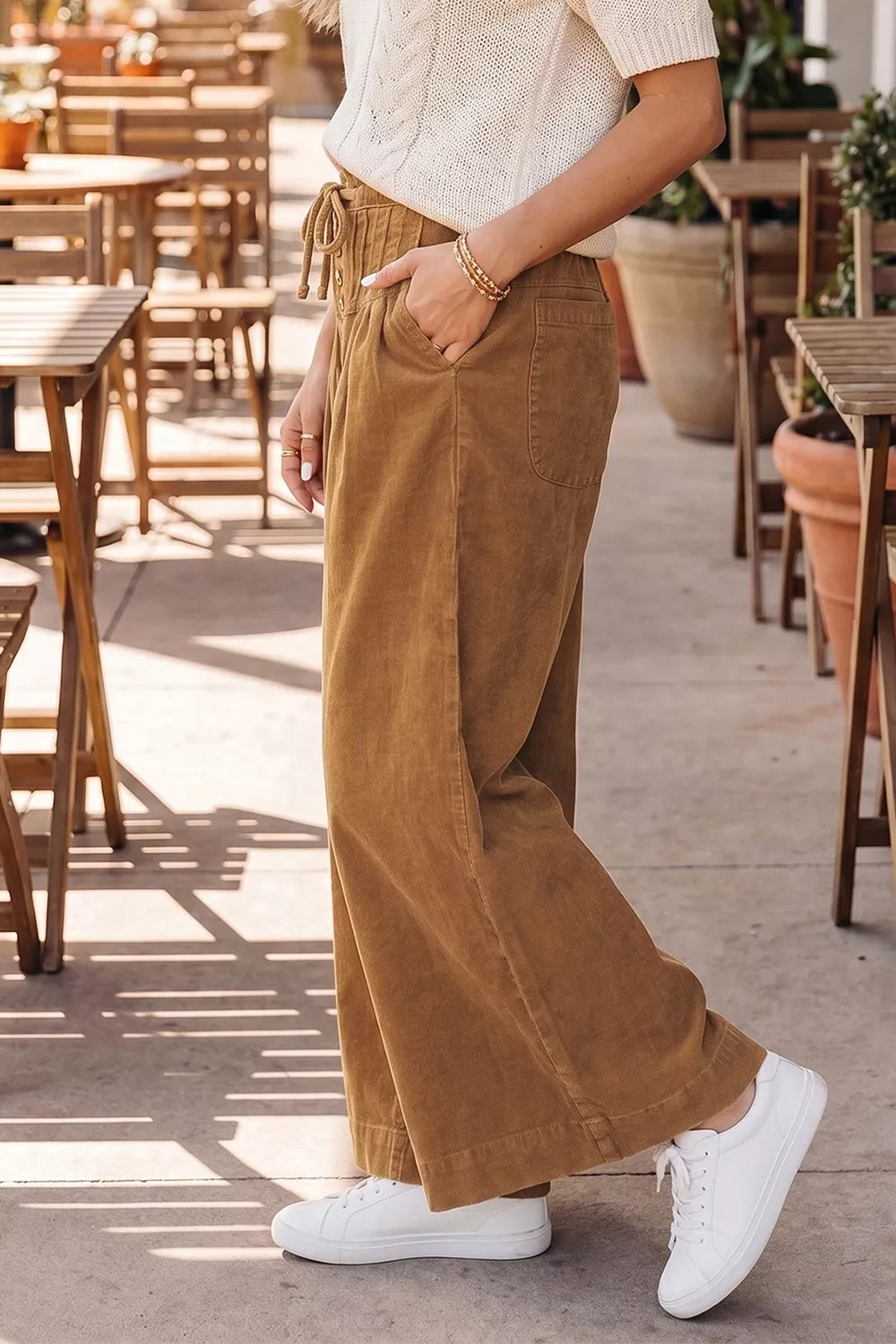 elastic waist wooden button placket ankle length wide | dropsona - neutral - close-up detail