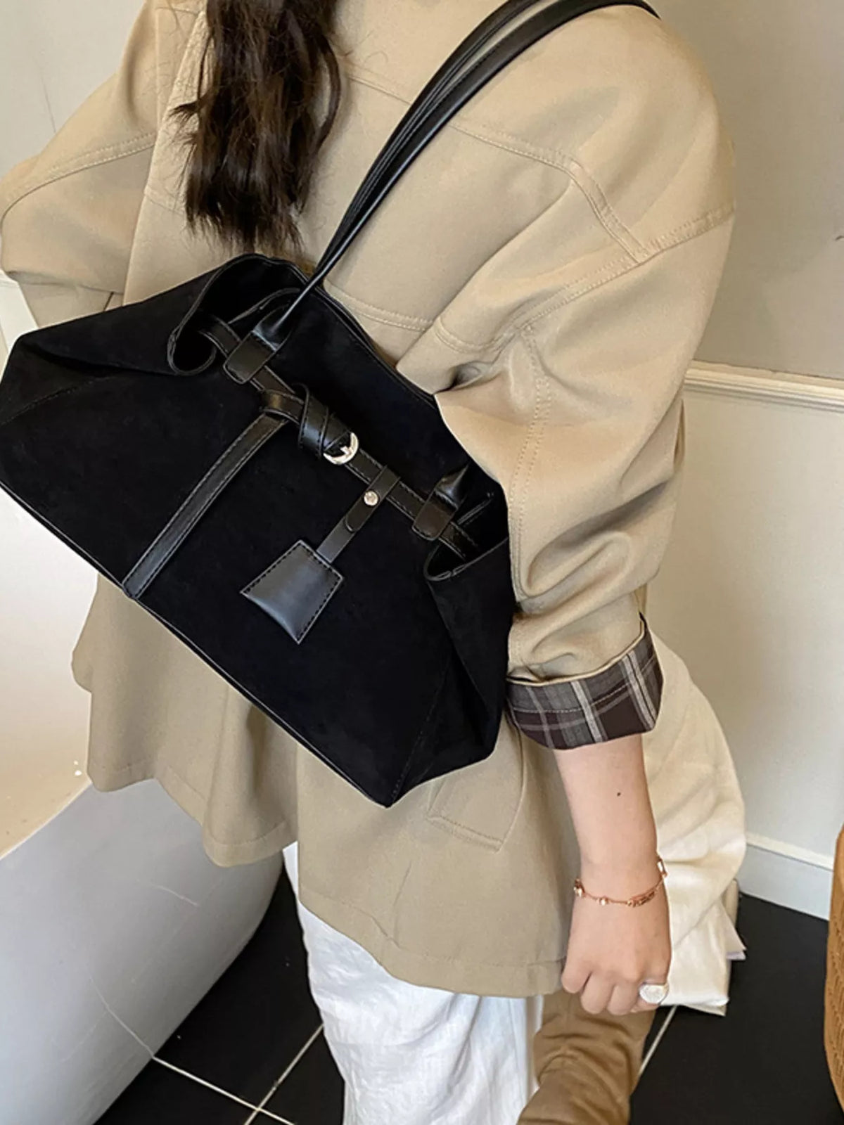 buckle detail shoulder bag – stylish sling | dropsona - neutral - close-up detail