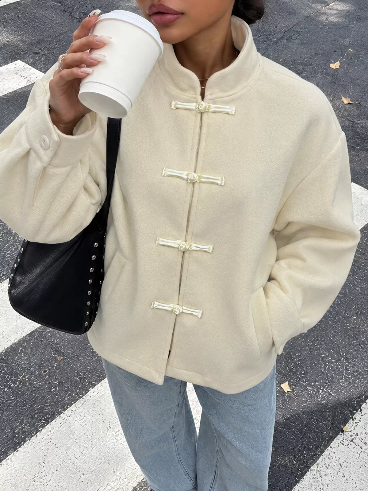 frog button dropped shoulder jacket – buttoned | dropsona - neutral - front view