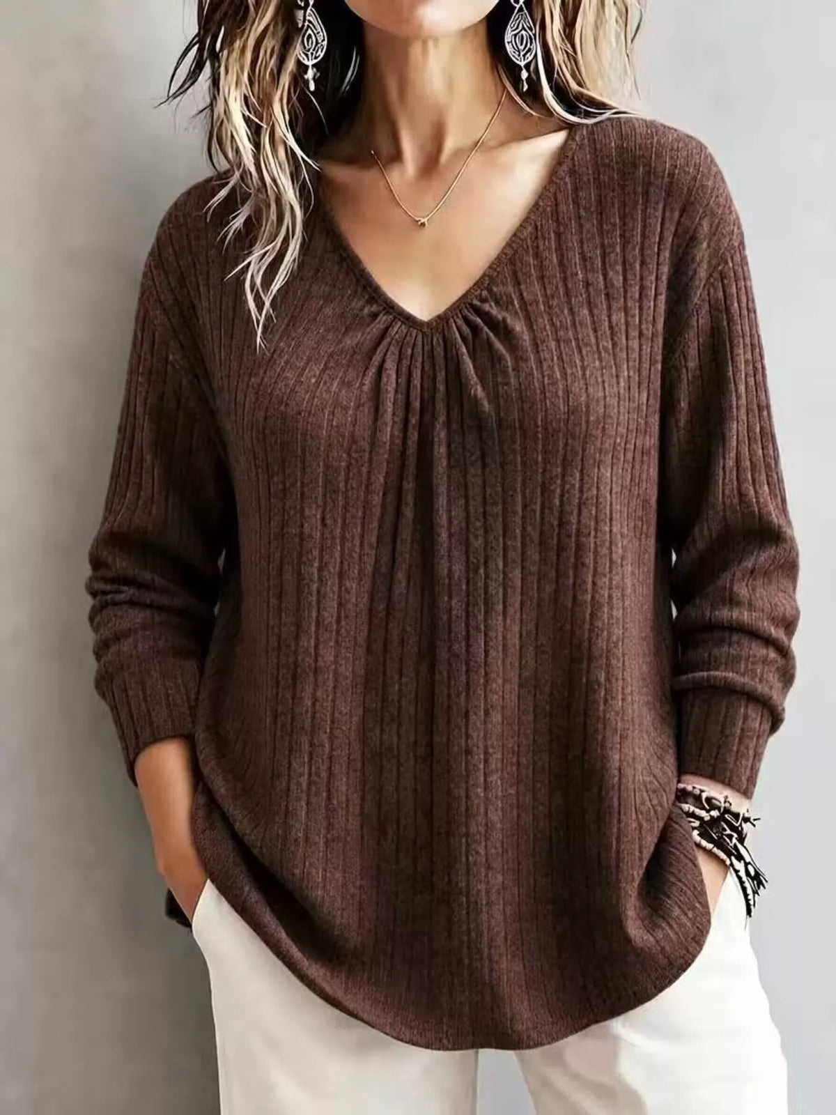 v-neck ribbed long sleeve t-shirt – | dropsona - neutral - packaging