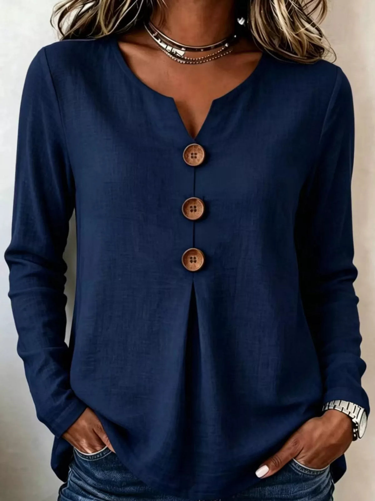 full size long sleeve blouse with decorative wooden | dropsona - neutral - packaging