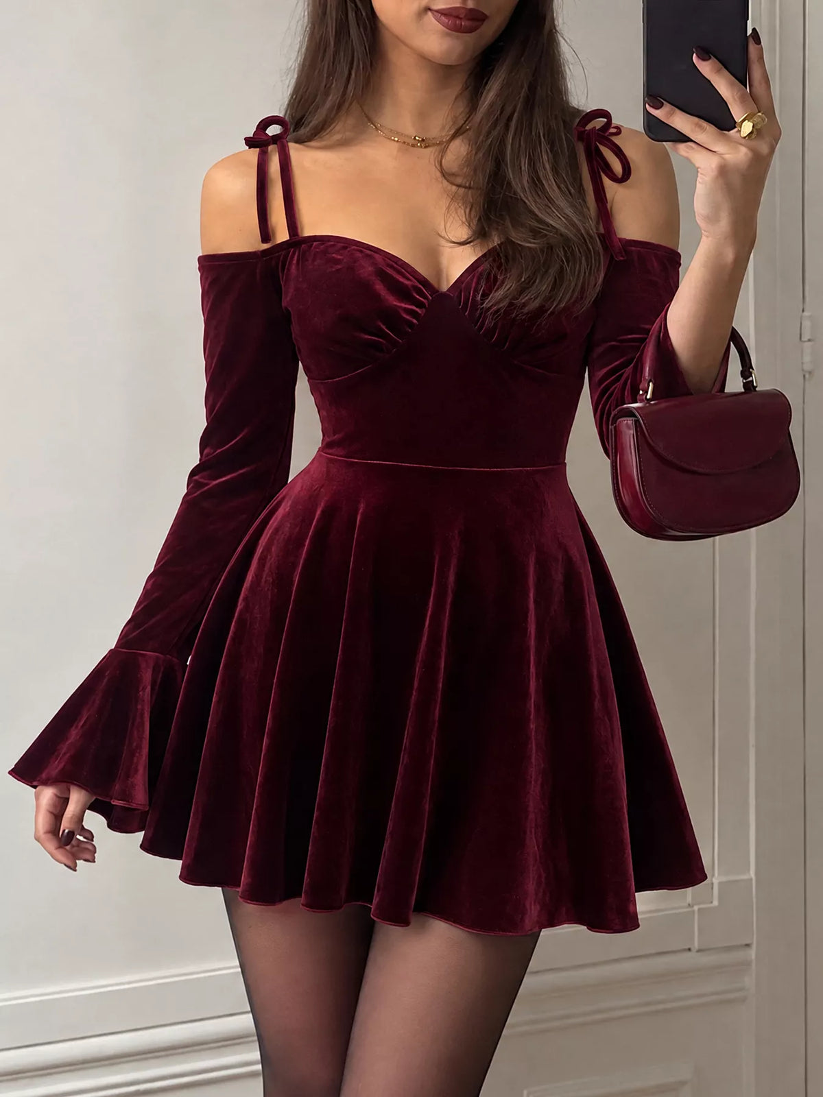 velvet tie shoulder mini dress – tied,ruffled | dropsona - neutral - front view
