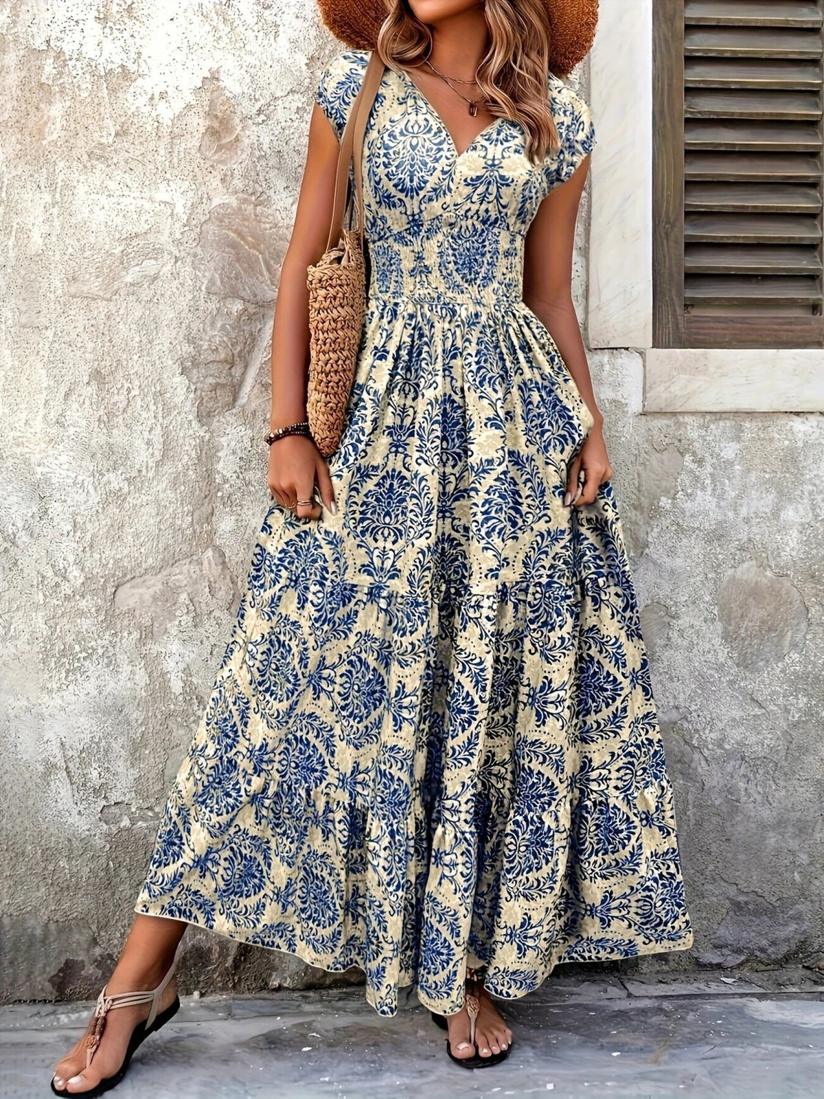 printed cap sleeve maxi dress – tiered,smocked | dropsona - neutral - packaging