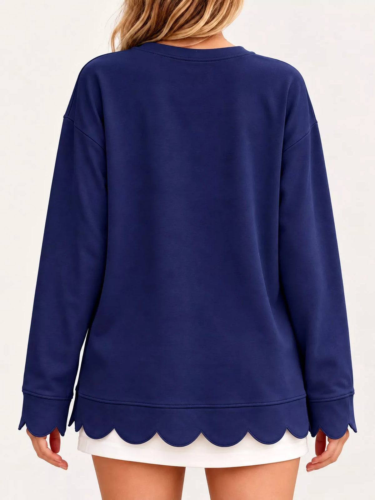 full size casual scalloped hem crewneck sweatshirt | dropsona - neutral - front view