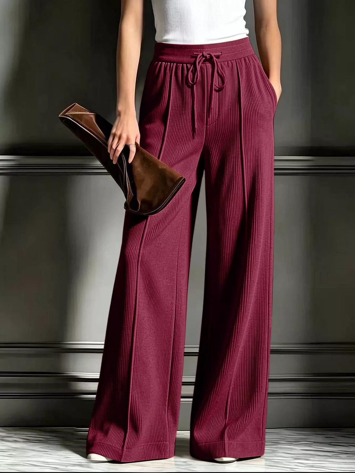 high-waisted wide-leg ribbed corduroy pants | dropsona - neutral - close-up detail