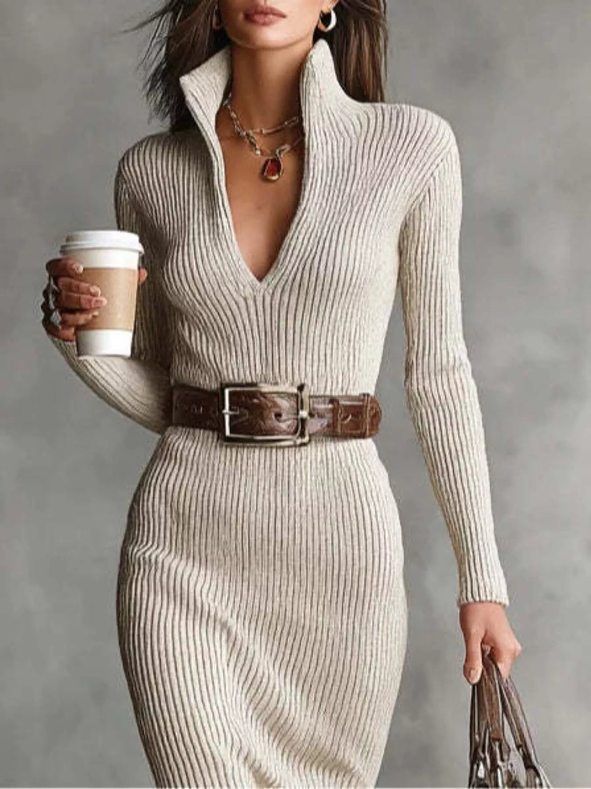ribbed knit v-neck sweater dress – basic style | dropsona - neutral - material texture