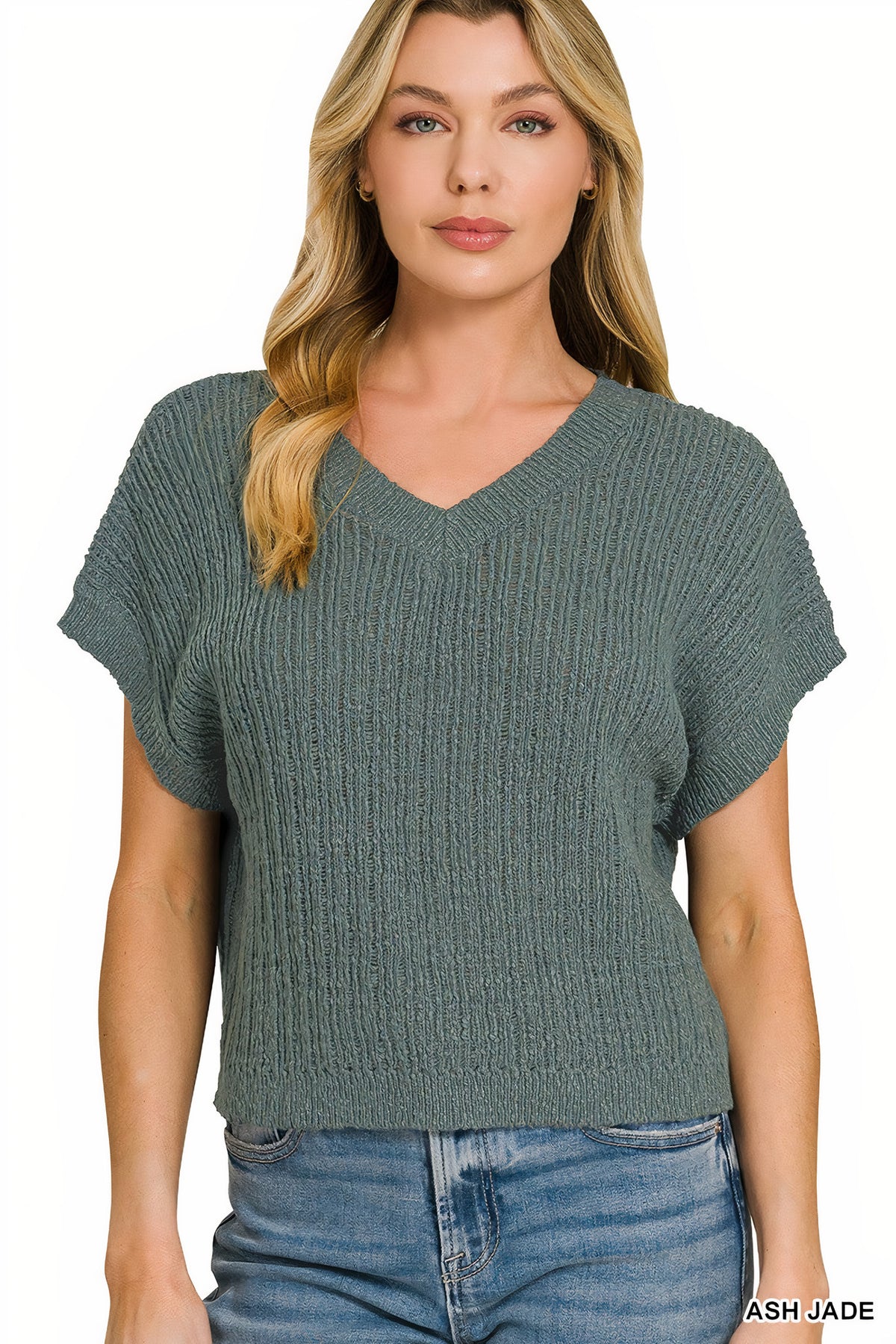 zenana textured knit v-neck cropped sweater - everyday wear