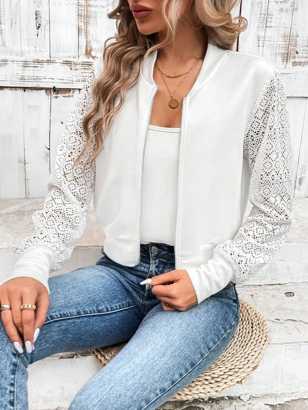 baseball collar lace patchwork long sleeve jacket - close-up detail