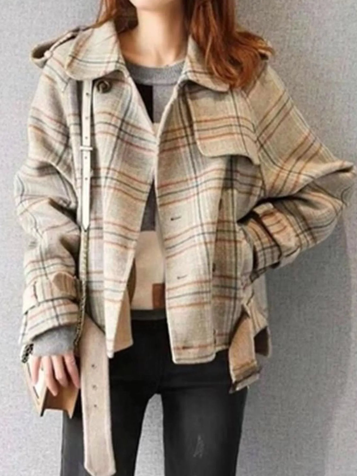 full size vintage plaid button up outerwear plus | dropsona - neutral - material texture