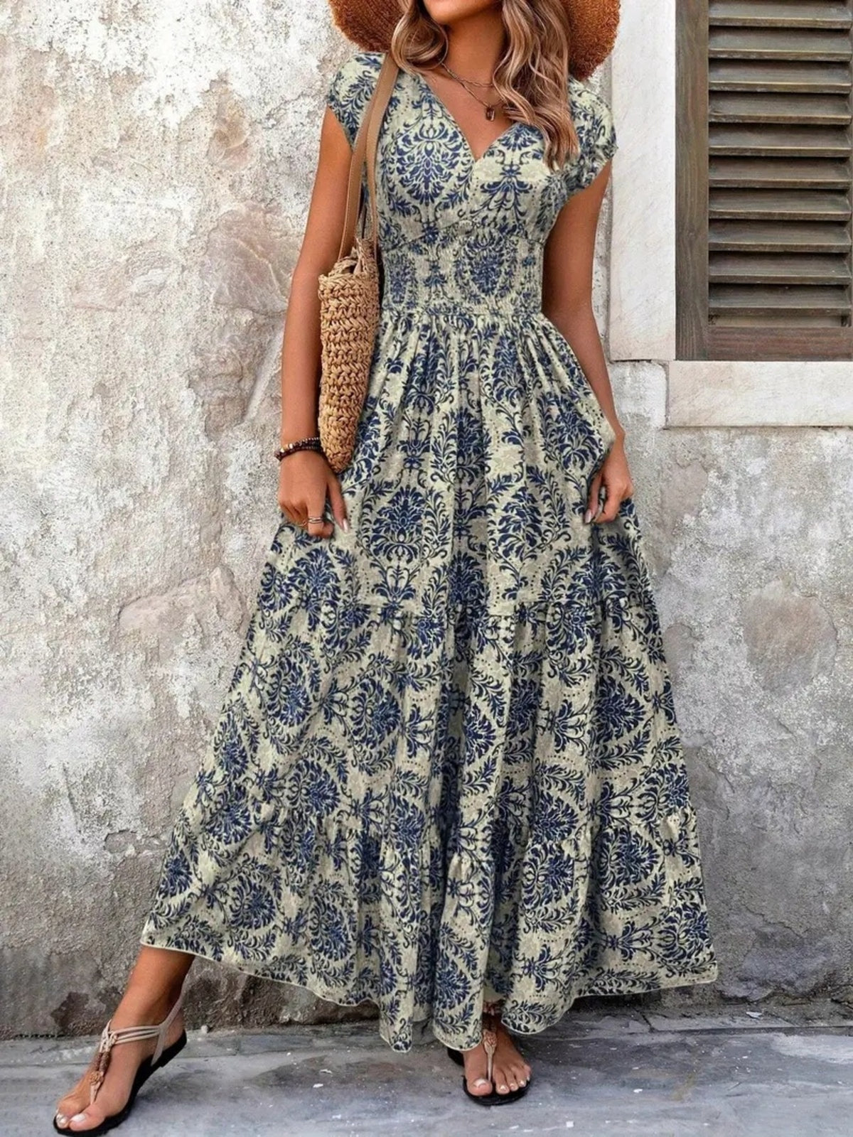 printed cap sleeve maxi dress – tiered,smocked | dropsona - neutral - front view