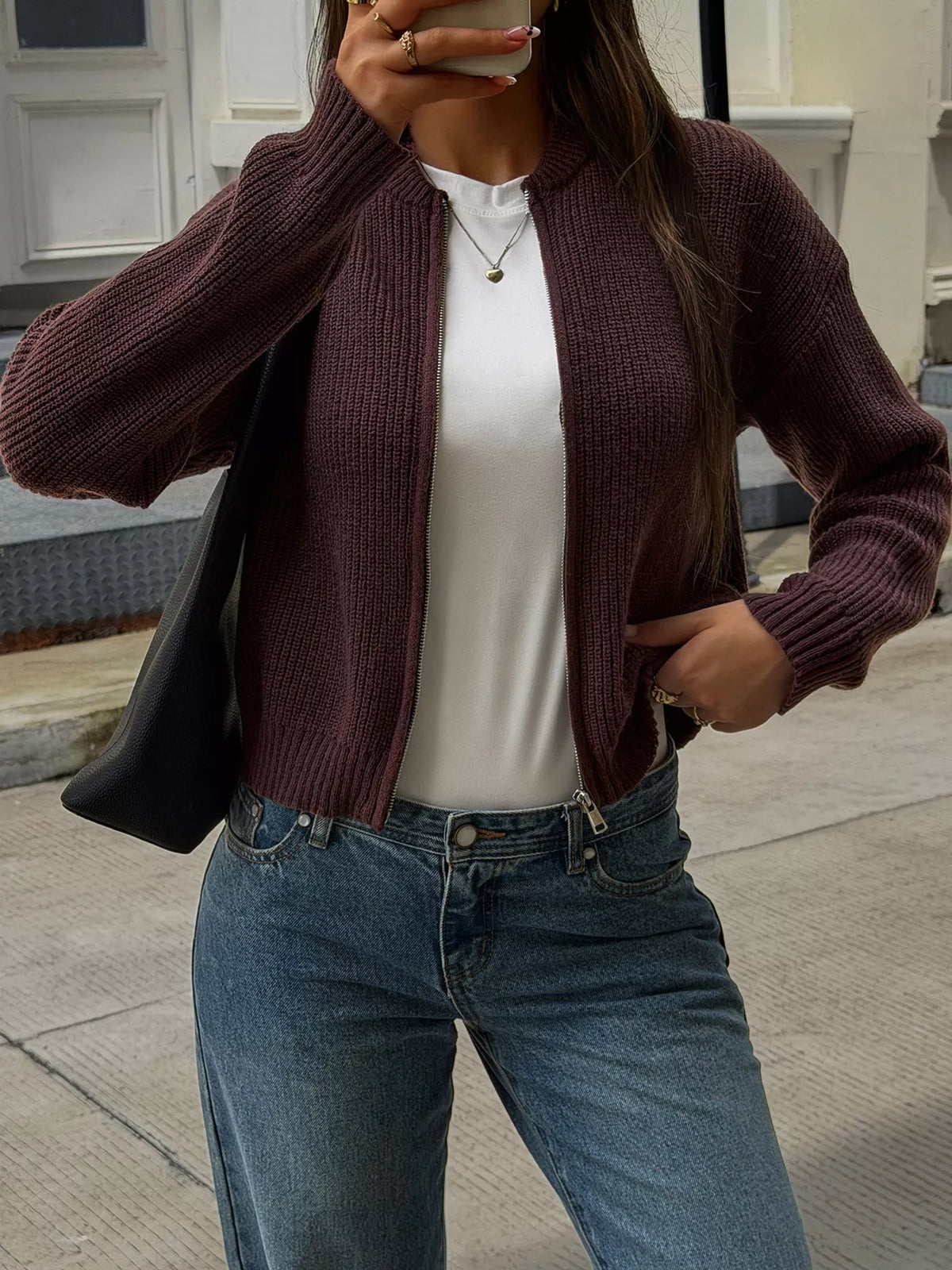ribbed knit zip-up bomber cardigan – zipper | dropsona - neutral - close-up detail