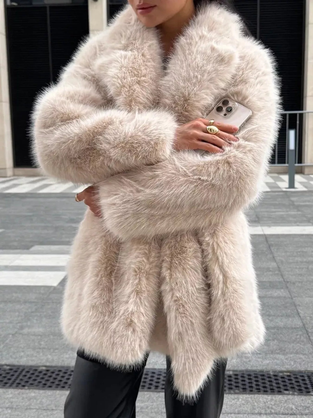faux fur belted winter outerwear – thermal fit | dropsona - neutral - front view