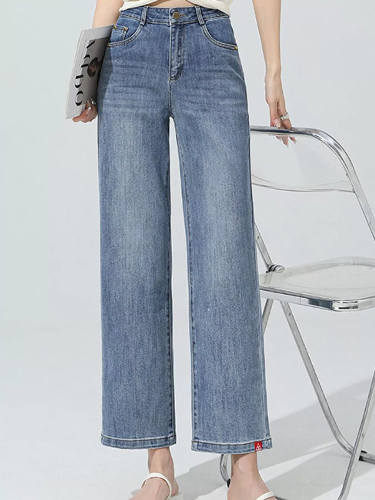 high-waisted vintage wash straight-leg jeans | dropsona - neutral - front view