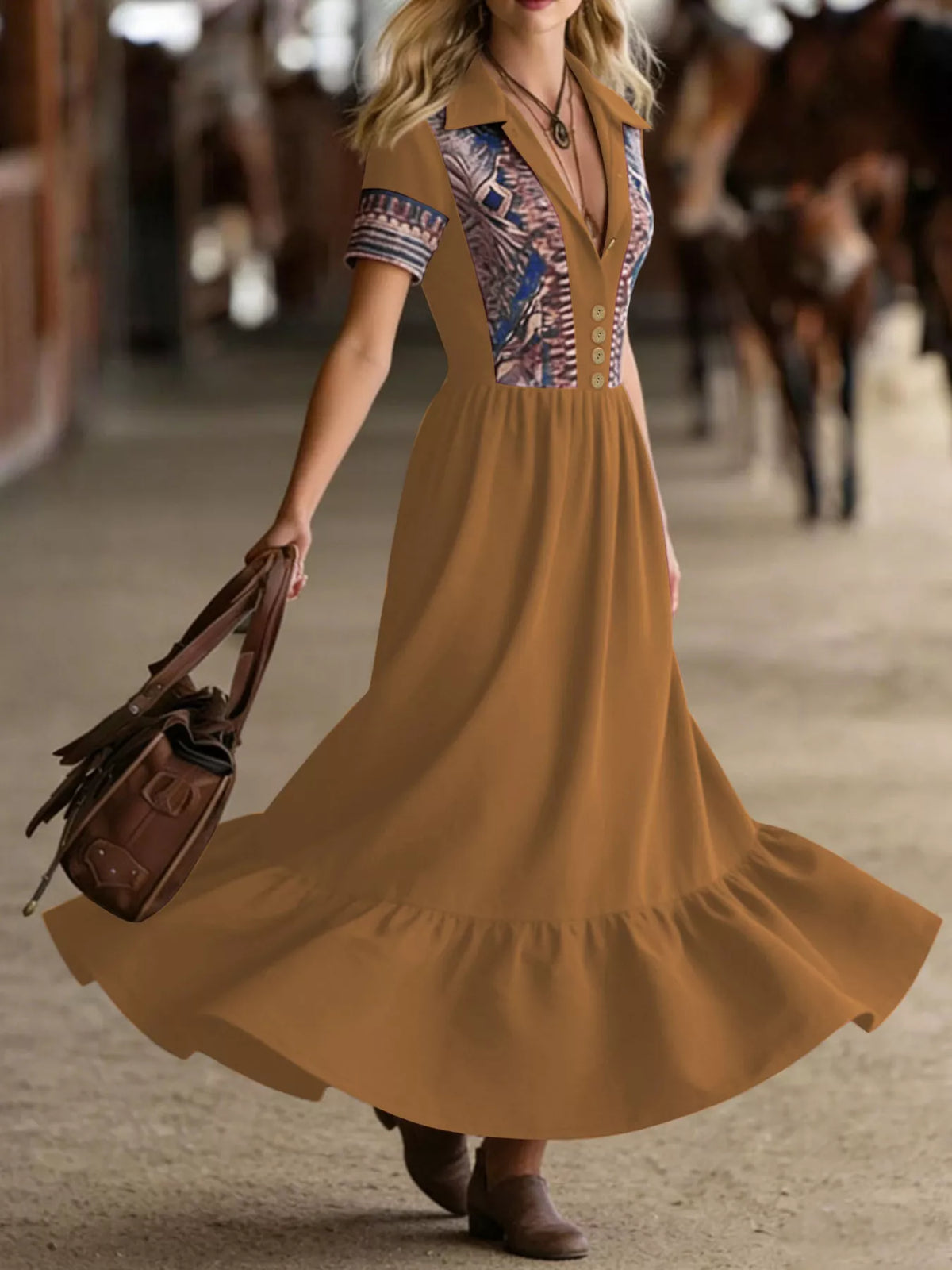 printed button-front maxi dress – buttoned,ruffled | dropsona - neutral - material texture