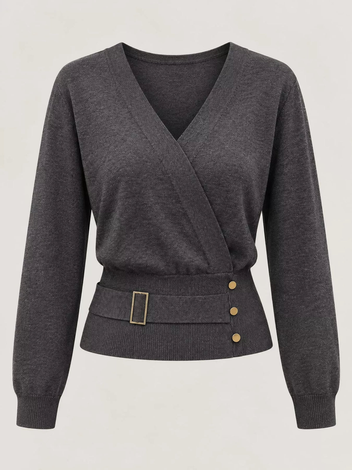 surplice elastic waist long sleeve knit top | dropsona - neutral - usage example