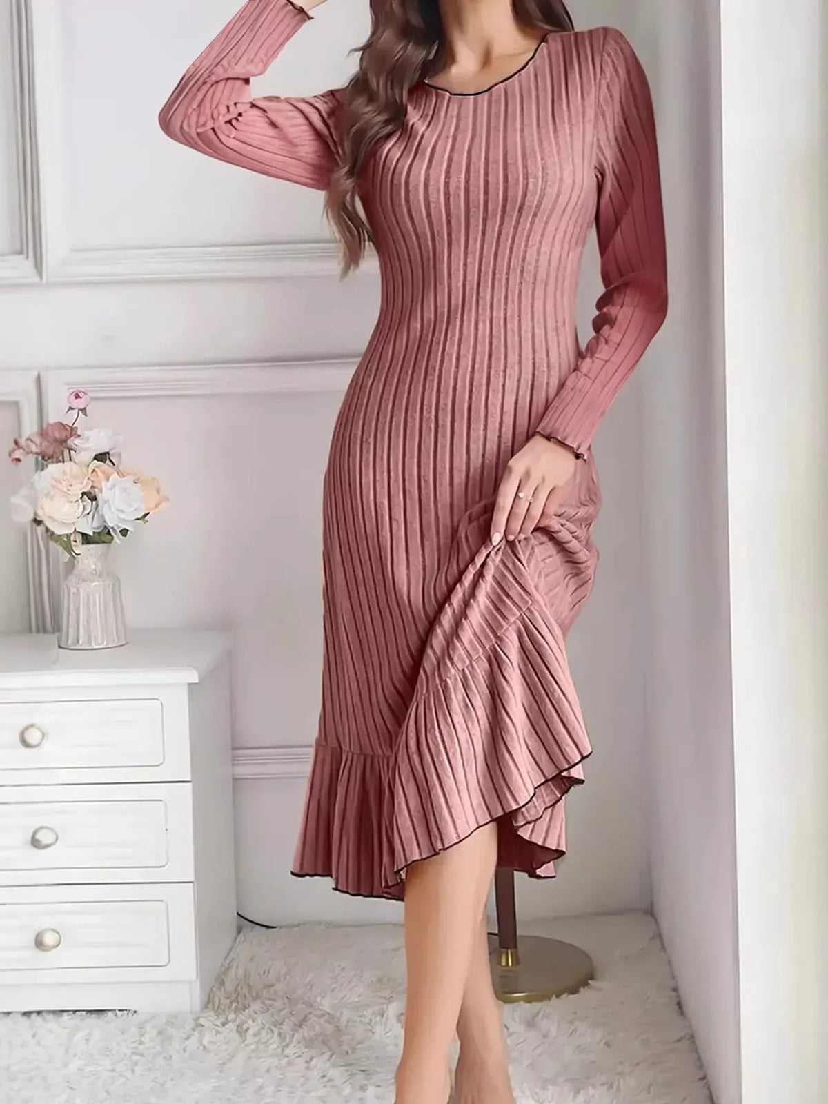 full size ribbed knit ruffle hem bodycon dress plus | dropsona - neutral - close-up detail