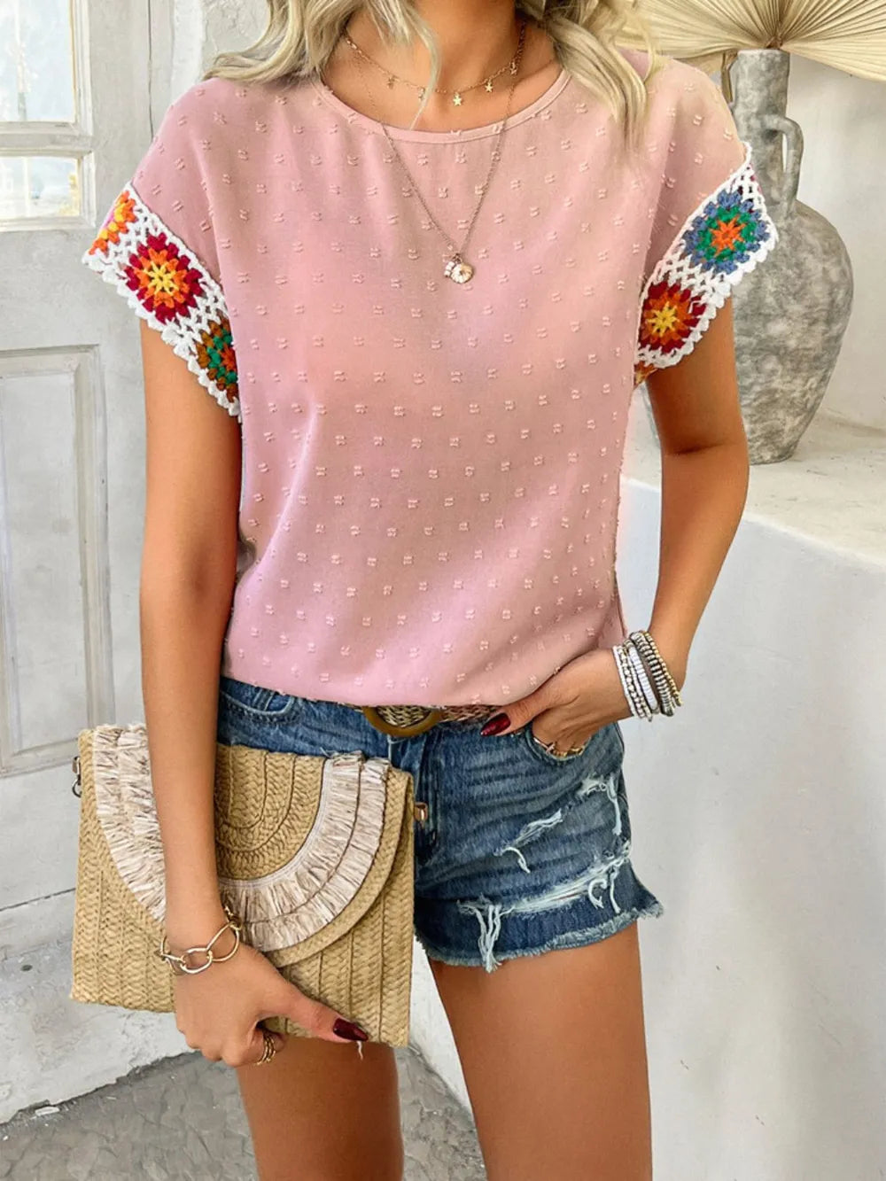 devine swiss dot round neck crochet short sleeve top - front view