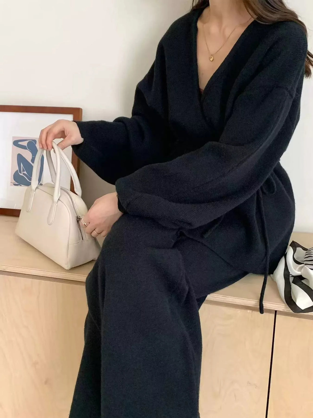 elegant v-neck wrap cardigan and wide-leg pants | dropsona - neutral - material texture