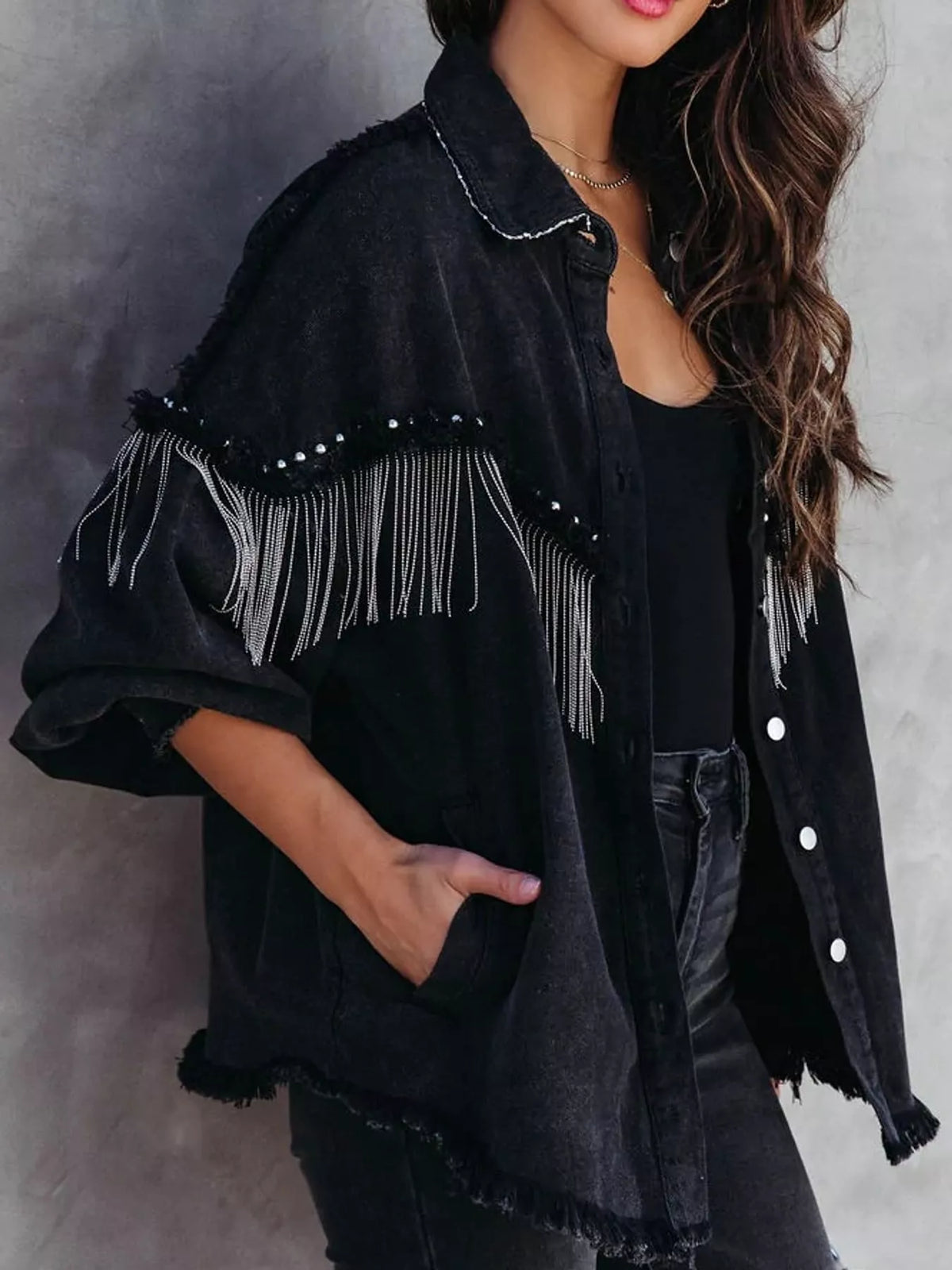 full size fringe embellished washed denim jacket plus | dropsona - neutral - close-up detail