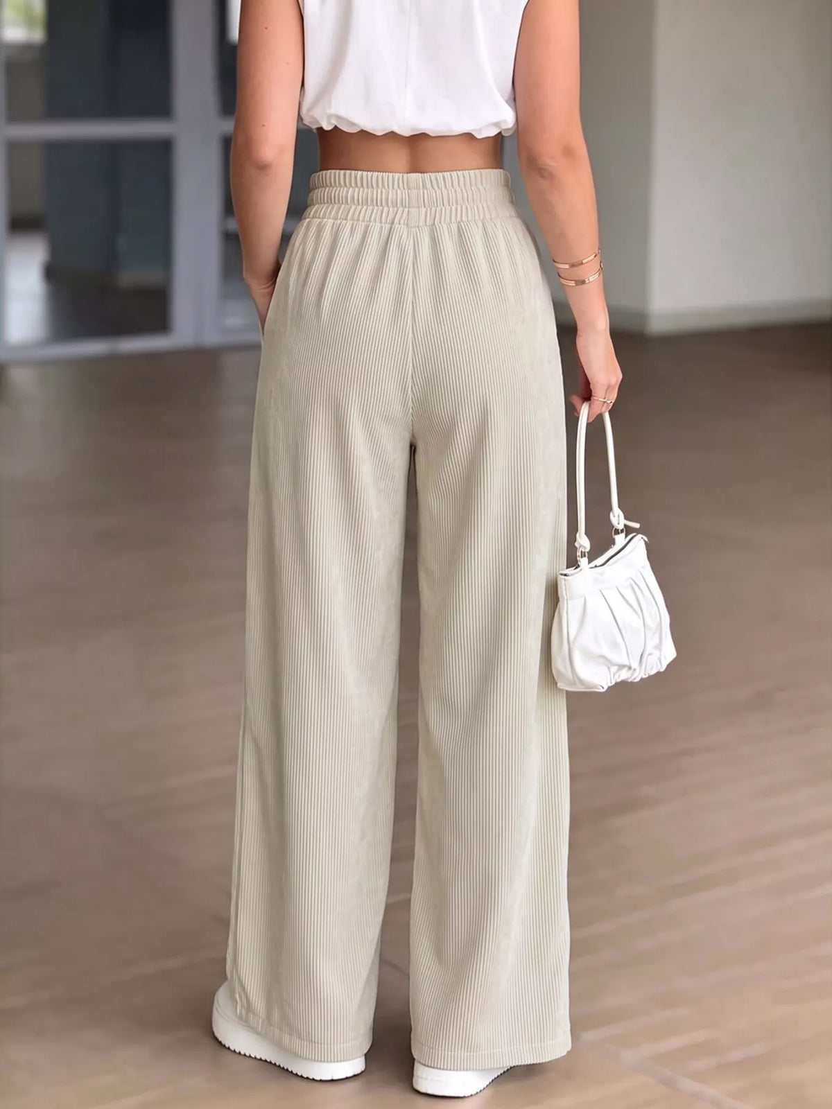 high-waisted wide-leg casual pants with elastic | dropsona - neutral - size reference