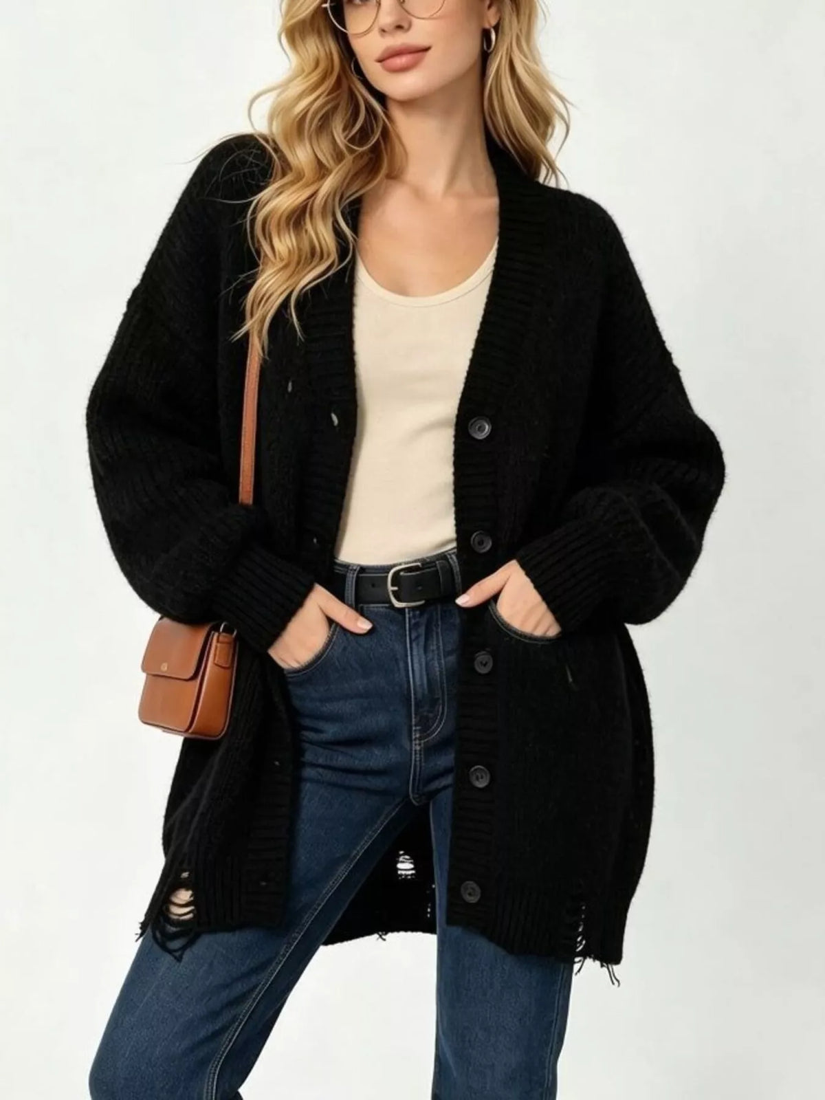 full size distressed oversized v-neck button-down | dropsona - neutral - close-up detail