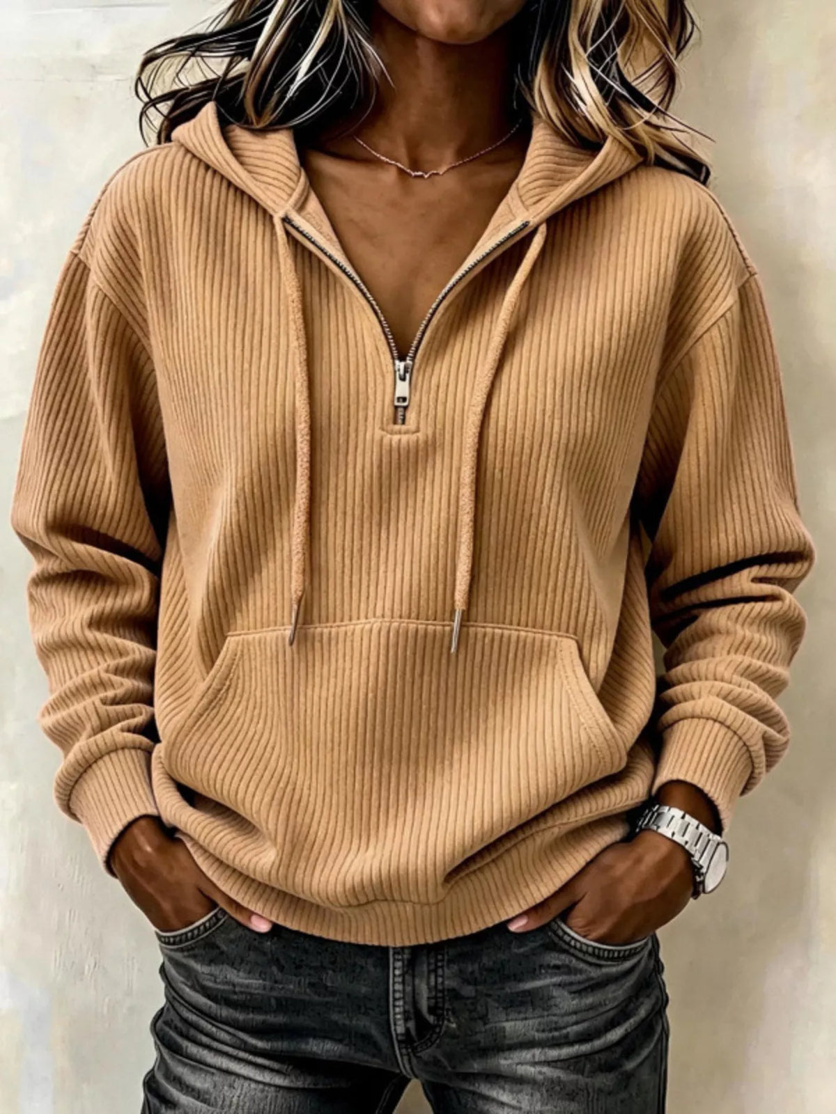 ribbed knit quarter-zip hoodie | dropsona - neutral - packaging