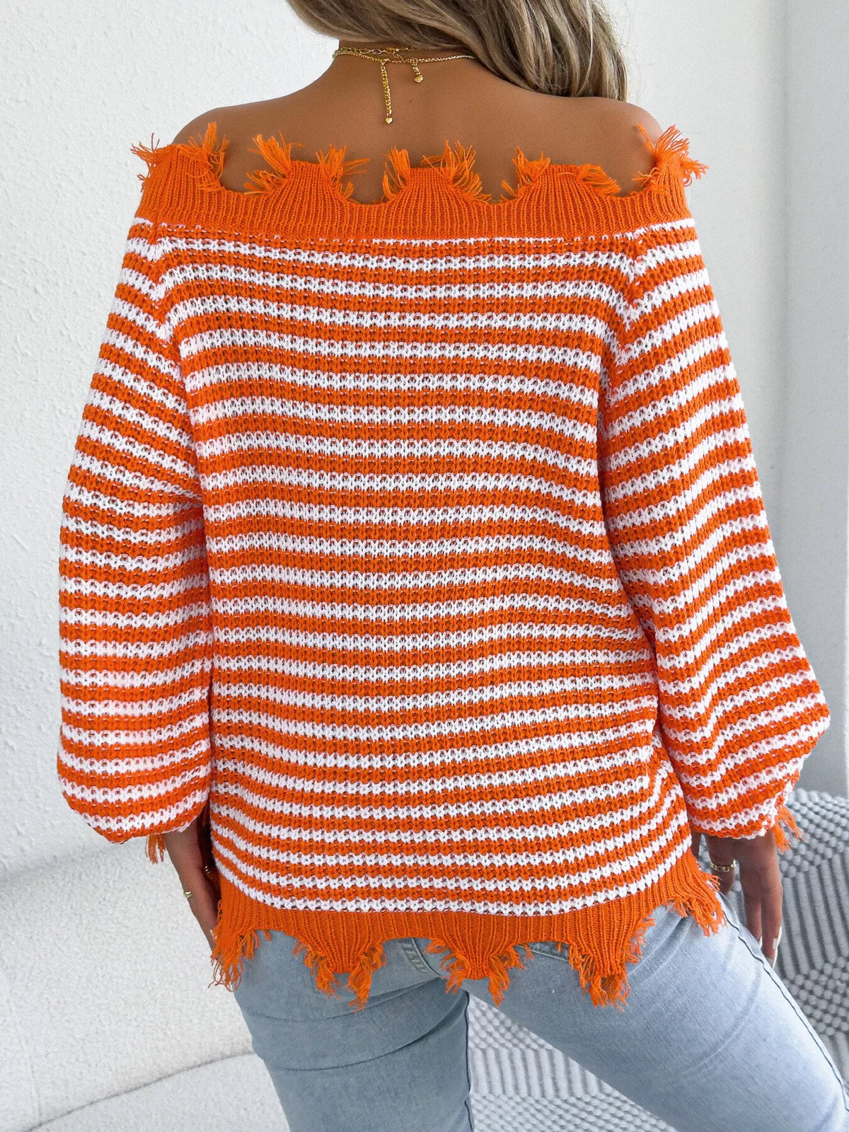 off-shoulder frayed hem striped sweater – raw | dropsona - neutral - front view