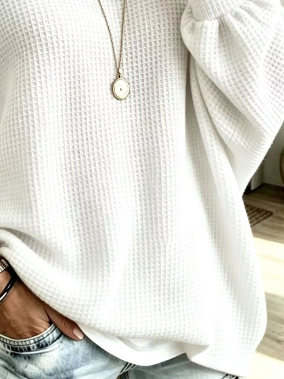 full size waffle knit boat neck sweatshirt plus | dropsona - neutral - close-up detail