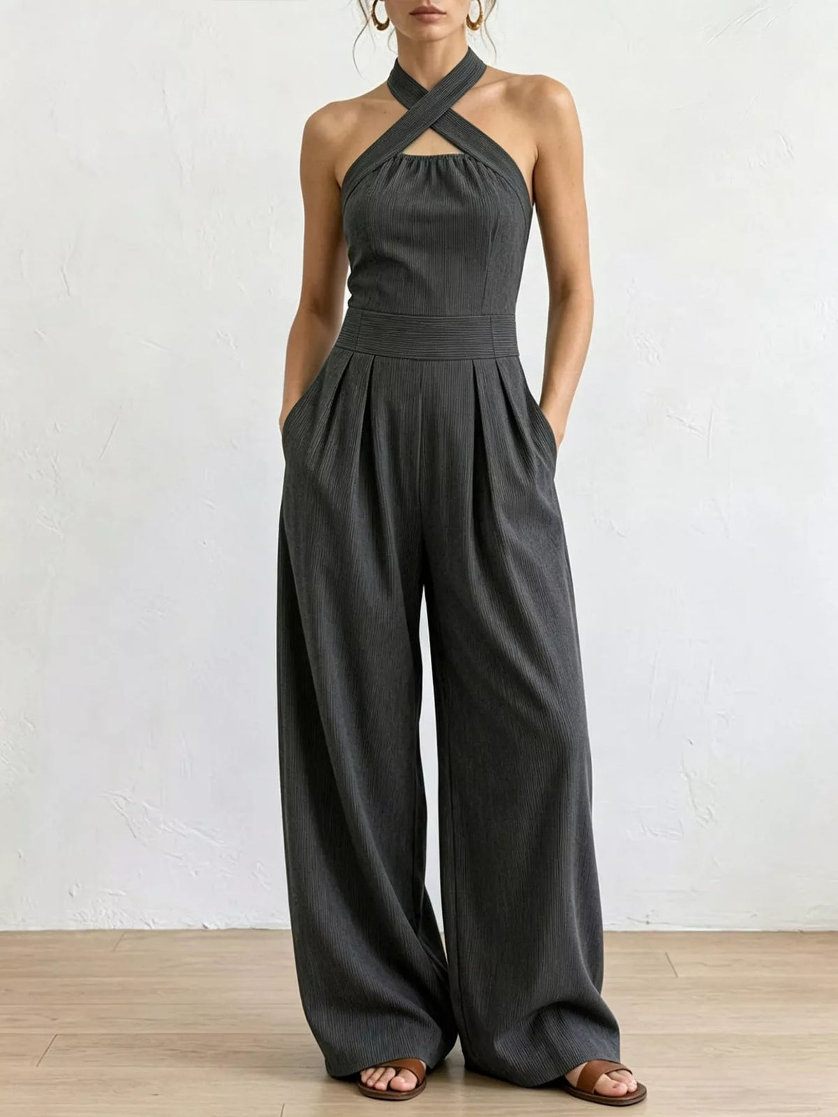 full size halter neck wide-leg jumpsuit plus | dropsona - neutral - size reference