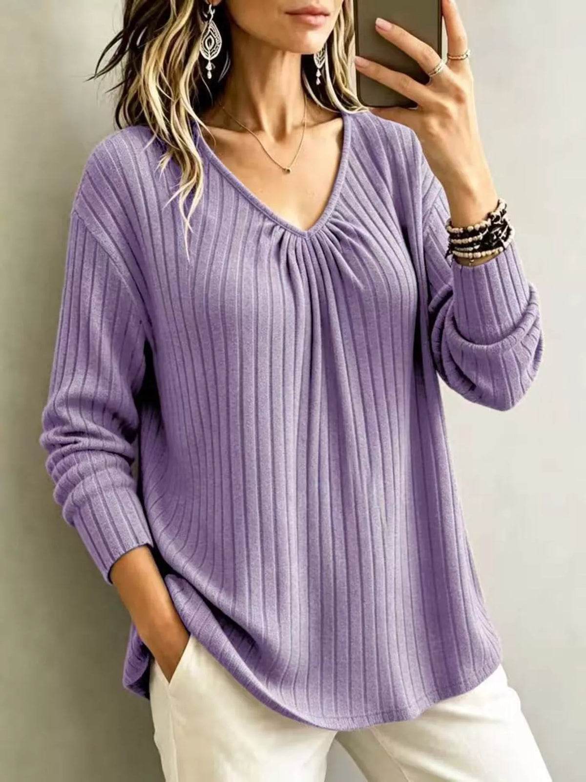 v-neck ribbed long sleeve t-shirt – | dropsona - neutral - front view