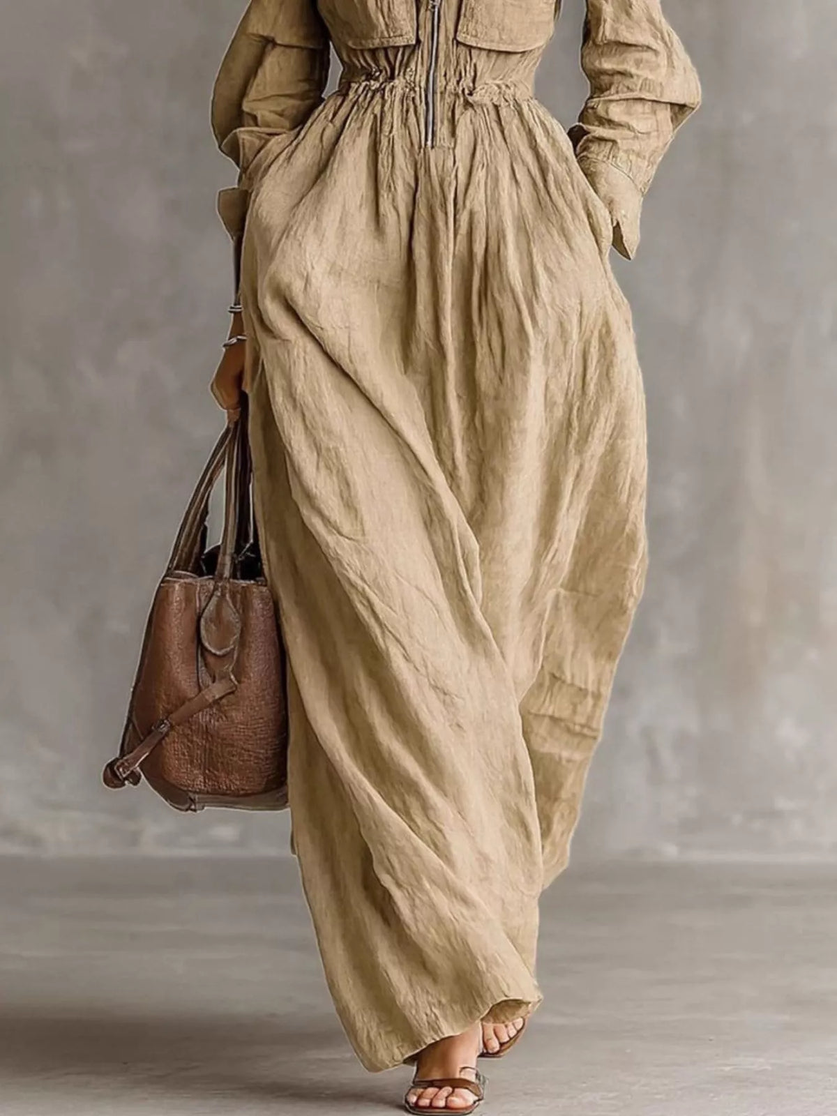 zip-front long sleeve maxi shirt dress | dropsona - neutral - close-up detail