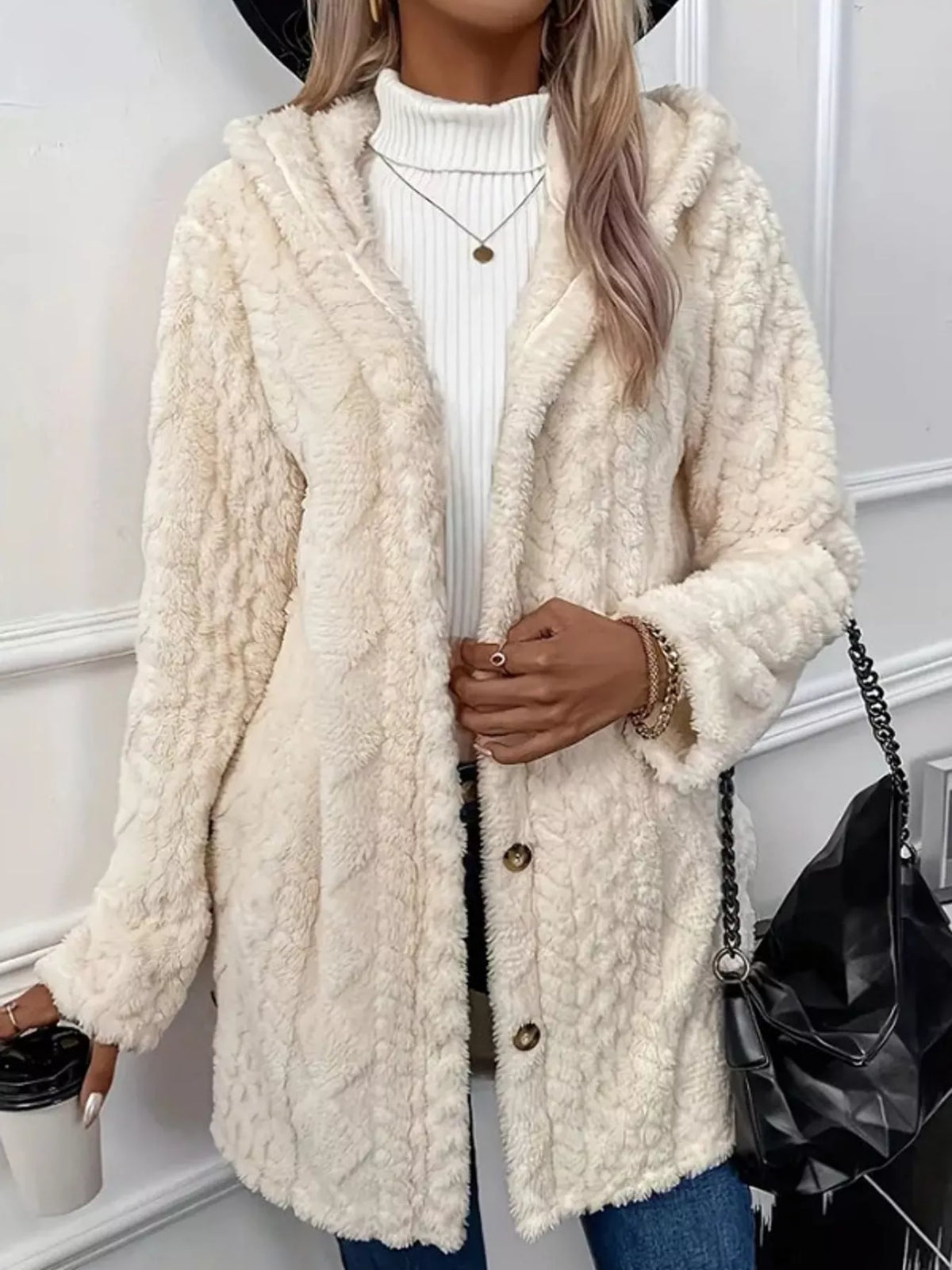 full size cozy cable-knit faux fur hooded outerwear | dropsona - neutral - front view