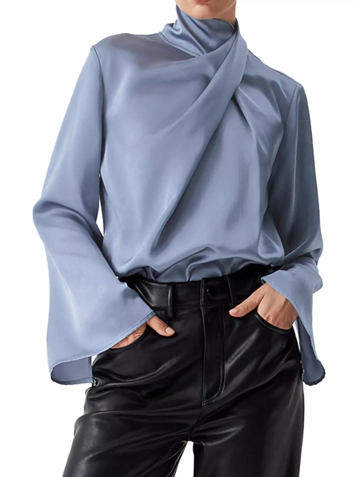 satin mock neck blouse – twisted,asymmetrical fit | dropsona - neutral - everyday use