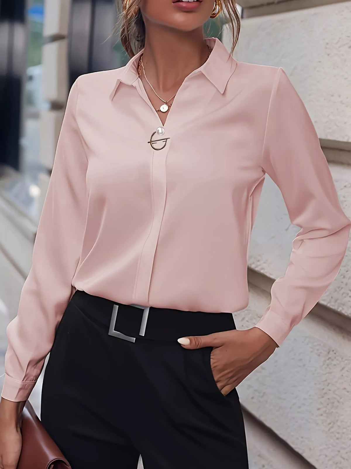 long sleeve satin blouse | dropsona - neutral - material texture