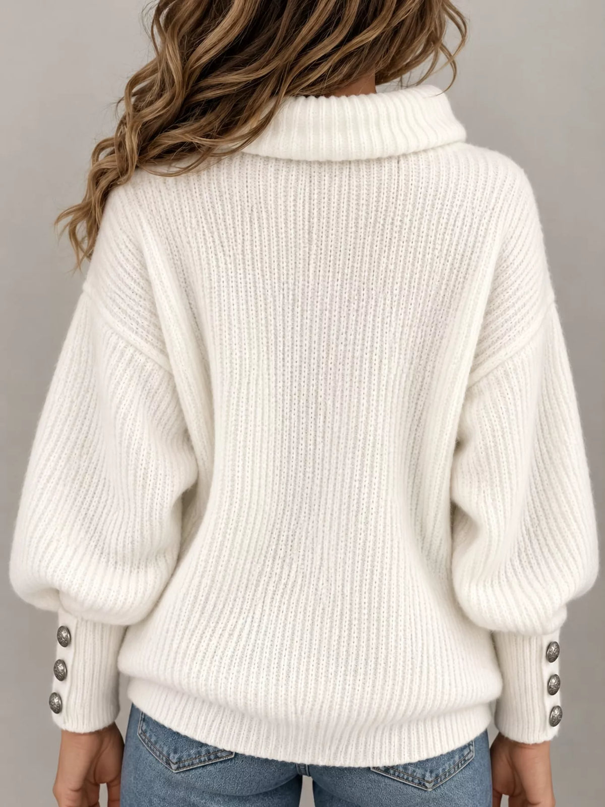 turtleneck decorative button cuffs sweater | dropsona - neutral - close-up detail