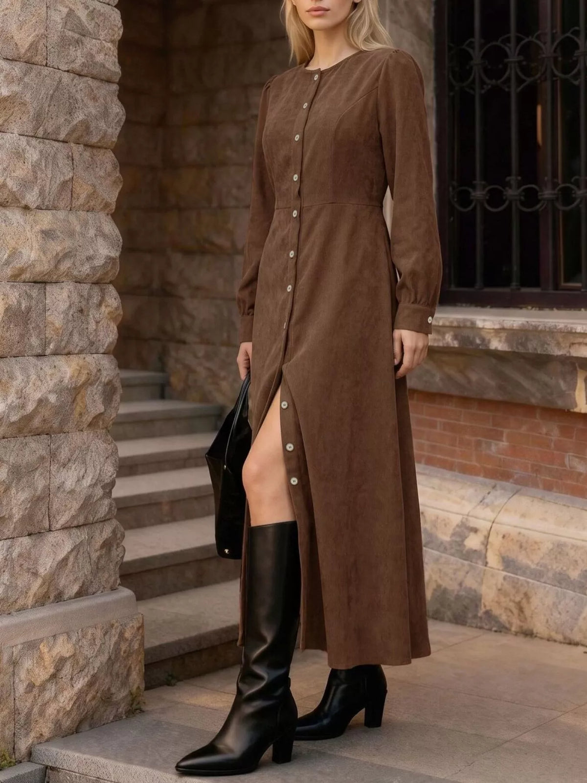 corduroy button-down maxi dress – buttoned,tied,slit | dropsona - neutral - material texture
