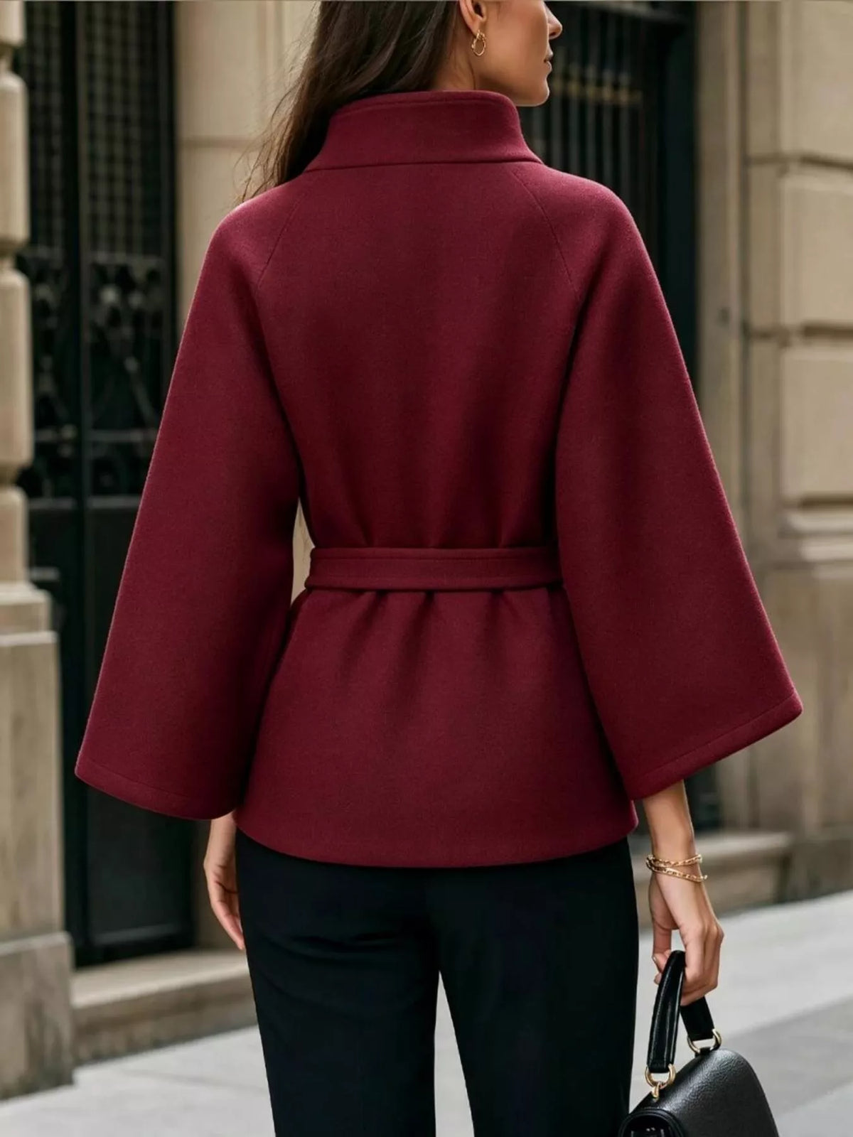 button down cape coat with belted waist | dropsona - neutral - size reference