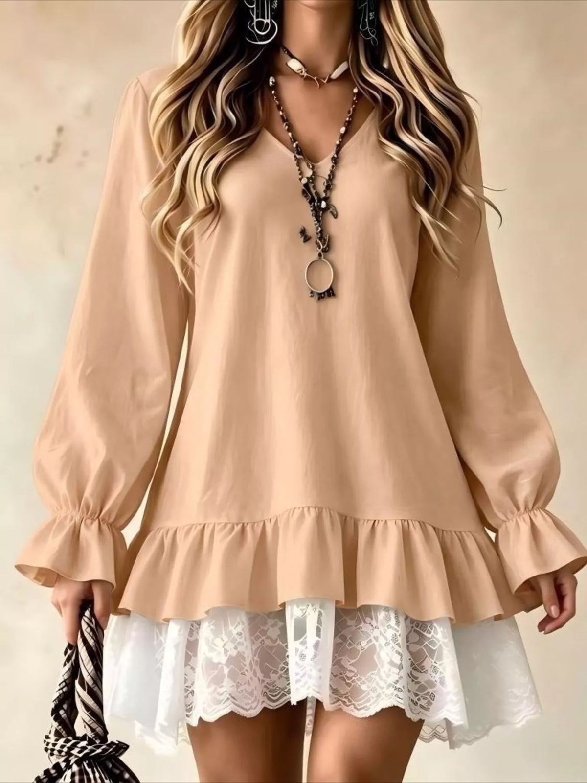 v-neck long sleeve ruffle hem lace trim mini dress | dropsona - neutral - front view
