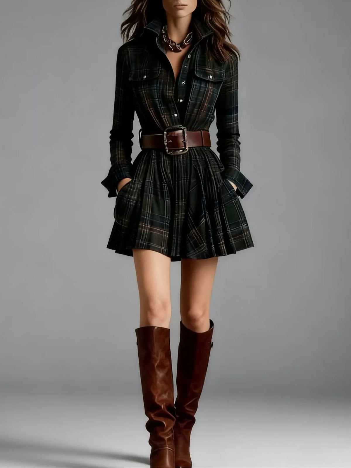 plaid long-sleeve shirt dress | dropsona - neutral - material texture