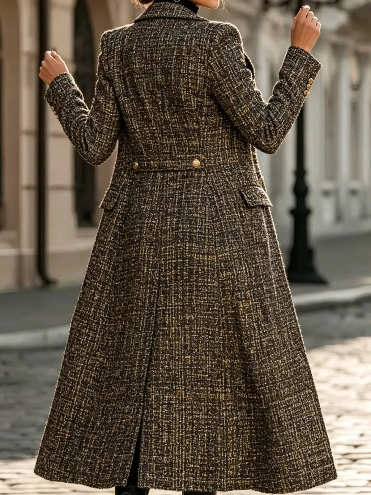 tweed long sleeve longline coat | dropsona polyester 100% - neutral - close-up detail