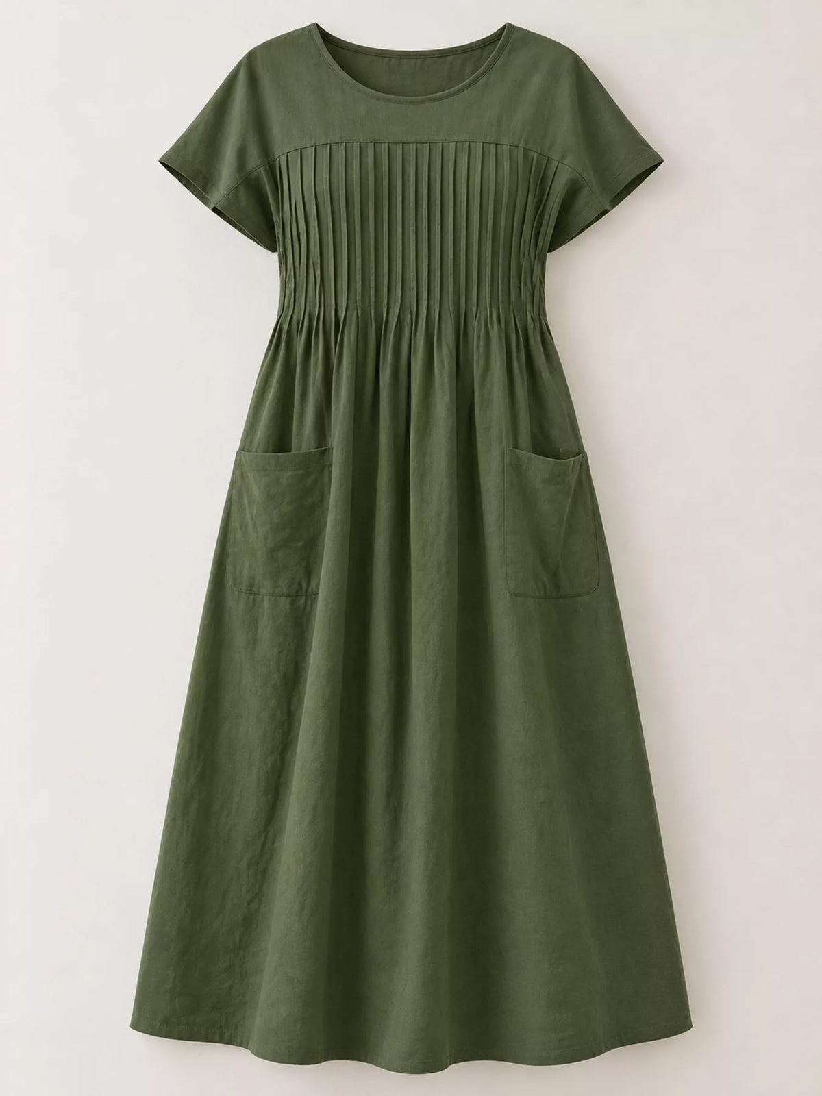 full size elegant pleated casual midi dress with | dropsona - neutral - close-up detail