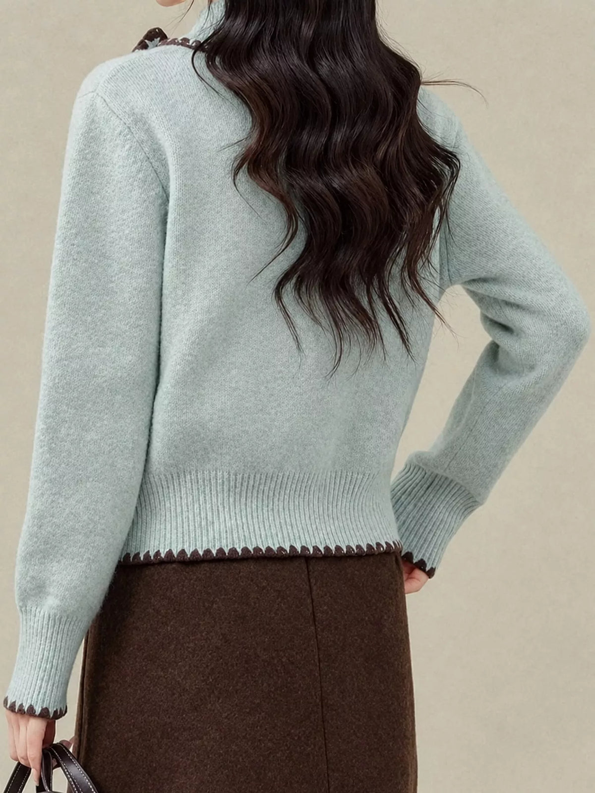 contrast-trimmed scarf collar cardigan | dropsona - neutral - material texture