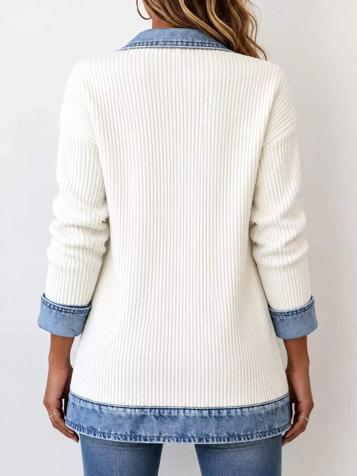 full size denim trim ribbed knit cardigan plus | dropsona - neutral - close-up detail